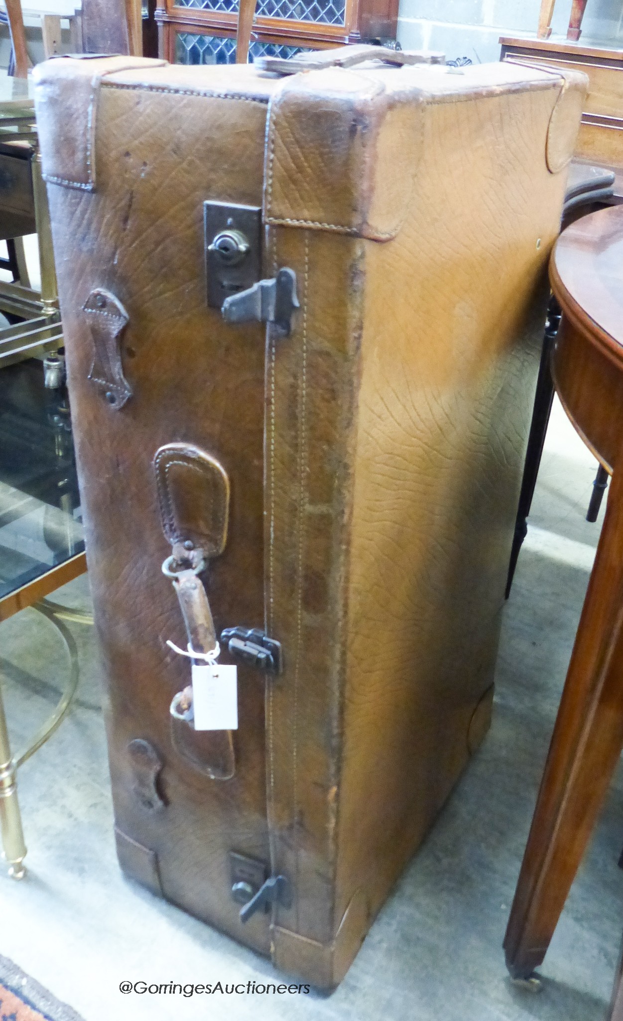 A Victorian tan leather travelling trunk. W-90, D-50cm.